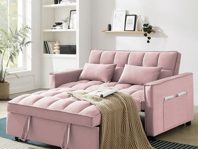Convertible Pink Velvet Sleeper Sofa with Pull-Out Bed and Storage Pockets - 500lb Capacity