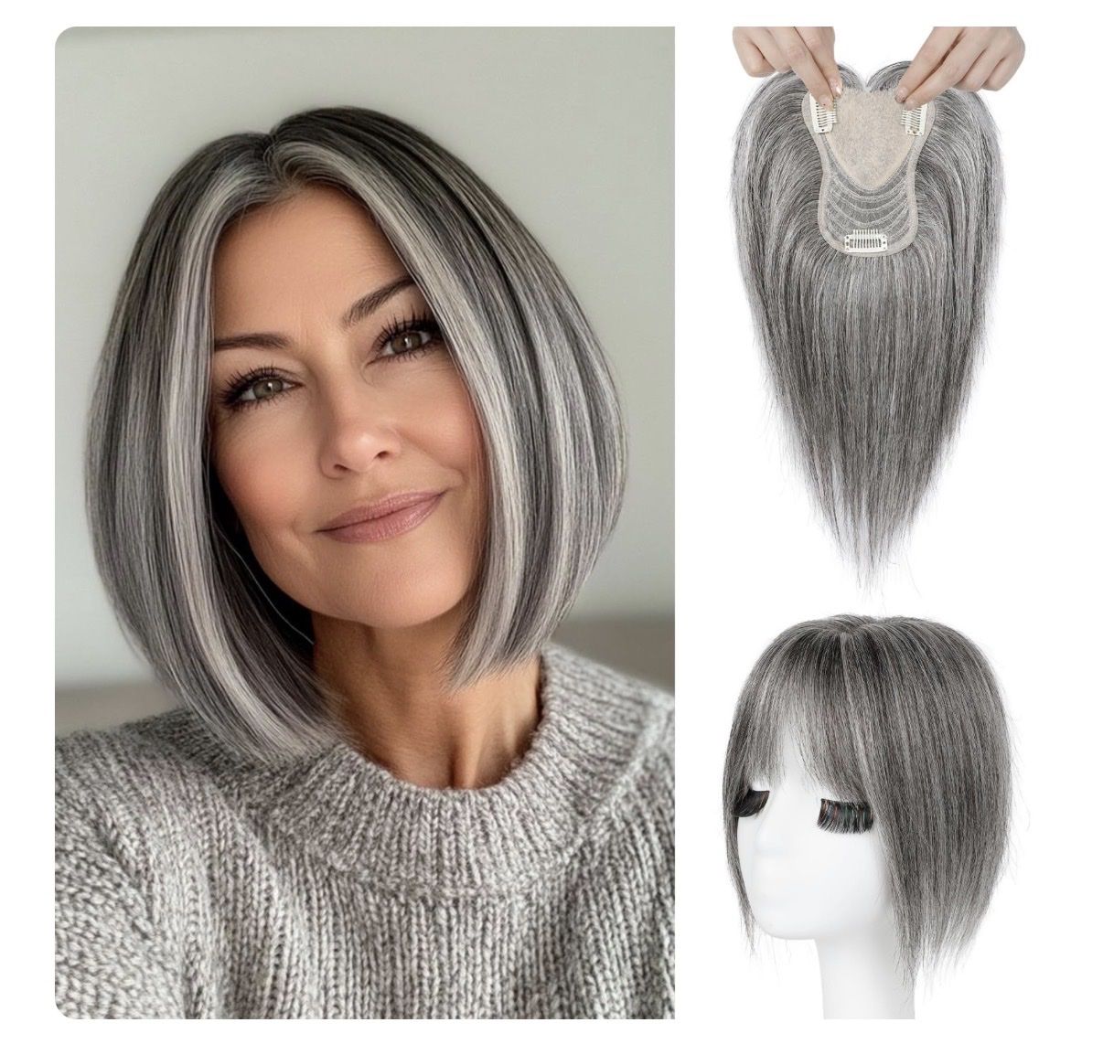 Gray Blended Human Hair Topper Bob Wig with Bangs - Pressure Sensitive Clips, Large Coverage Base