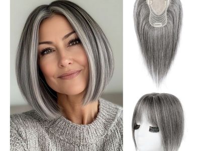 Gray Blended Human Hair Topper Bob Wig with Bangs - Pressure Sensitive Clips, Large Coverage Base