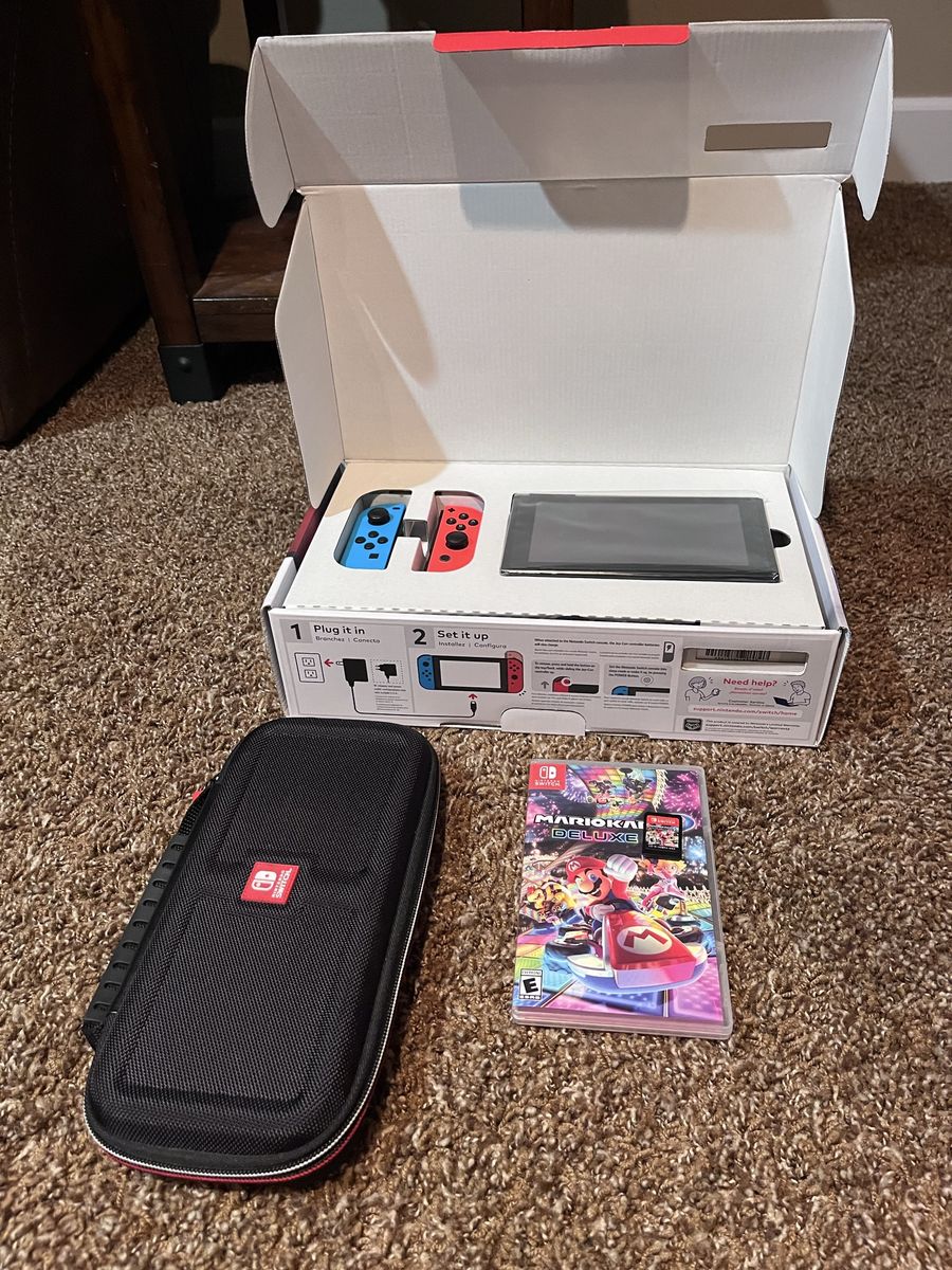 Nintendo Switch Console with Neon Blue/Red Joy-Cons, Case, and Mario Kart 8 Deluxe