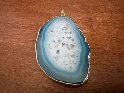 Large Blue Slice Of Agate Pendant W/ Gold Edge