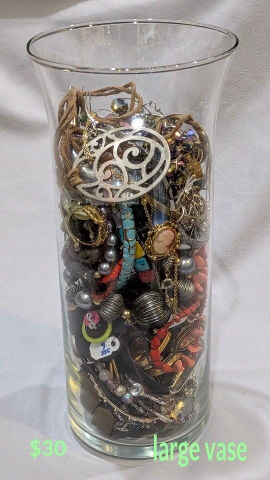 Assorted Costume Jewelry Lot in Large Glass Vase - Necklaces, Bracelets & Pins