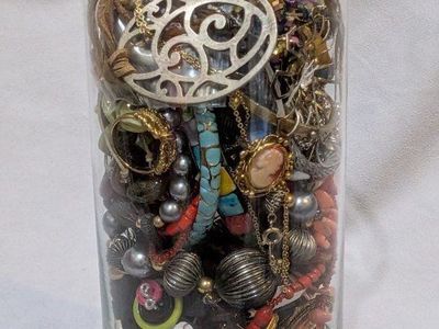 Assorted Costume Jewelry Lot in Large Glass Vase - Necklaces, Bracelets & Pins