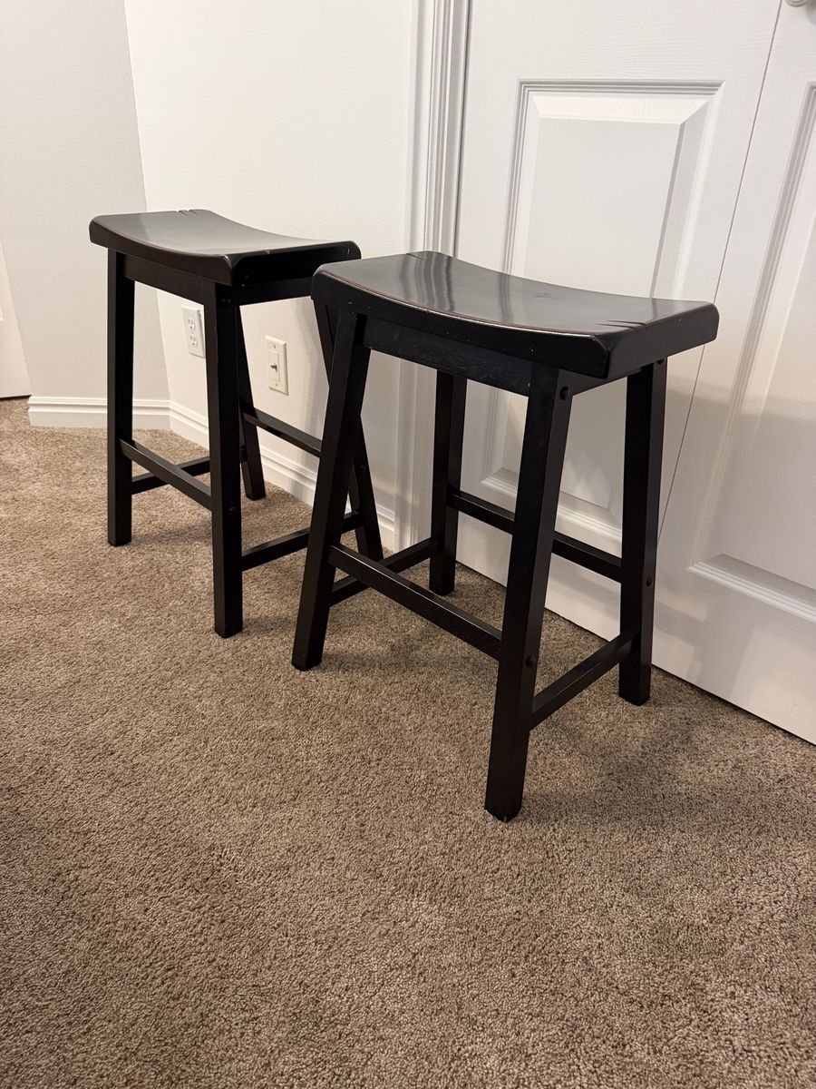 2 Black Wood Saddle Stools - Backless Bar Stools, Counter Height, Minimalist Design