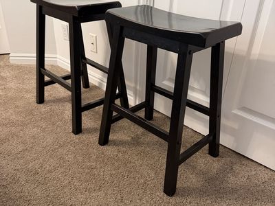 2 Black Wood Saddle Stools - Backless Bar Stools, Counter Height, Minimalist Design