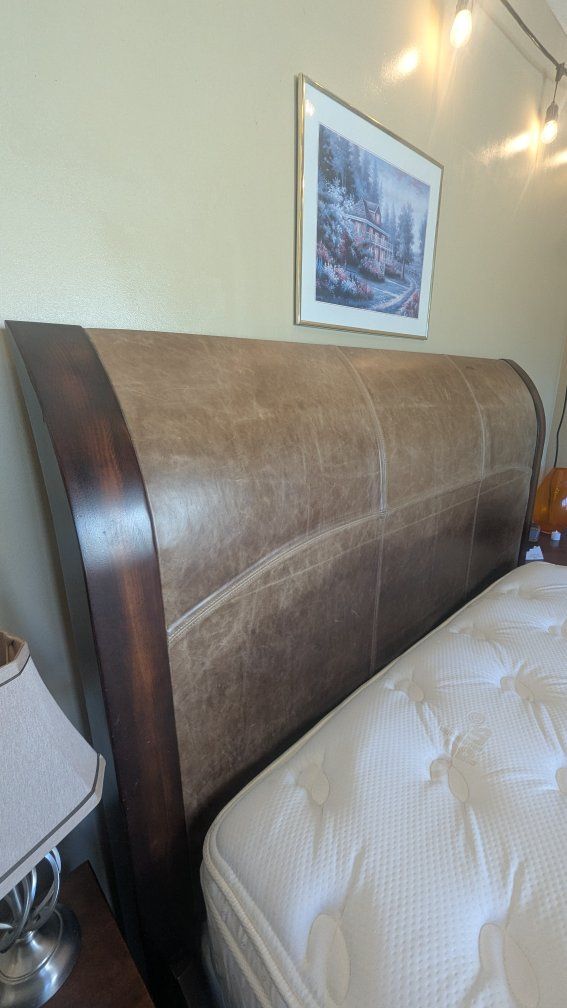 Canyon Furniture Company Queen Sleigh Bed Frame - Wood & Faux Leather Headboard/Footboard