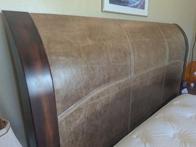 Canyon Furniture Company Queen Sleigh Bed Frame - Wood & Faux Leather Headboard/Footboard