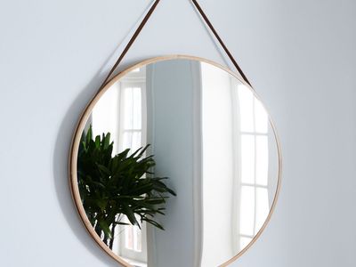 West Elm 36" Modern Round Hanging Mirror w/ Leather Strap - NEW in box