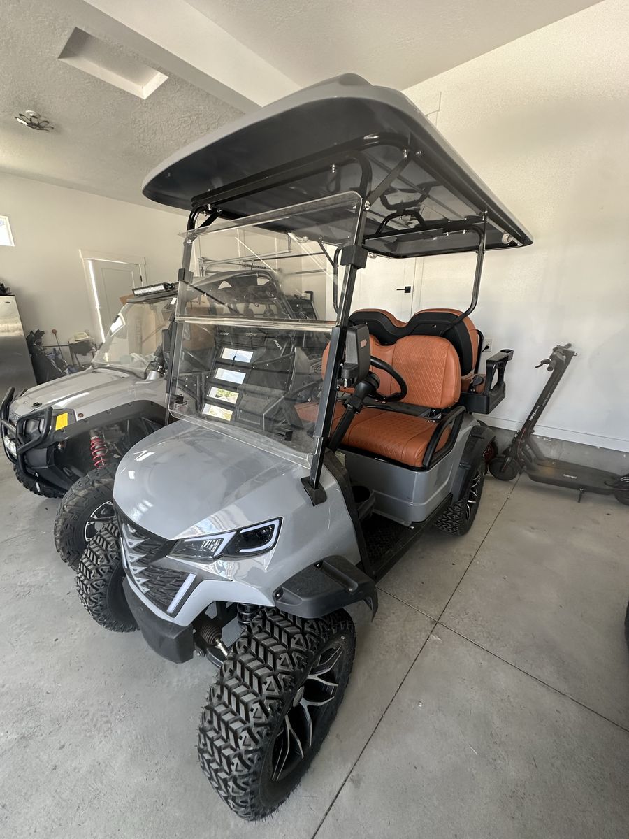 Custom Golf Cart - Lifted, Off-Road Tires, Tan Seats, Gray Body