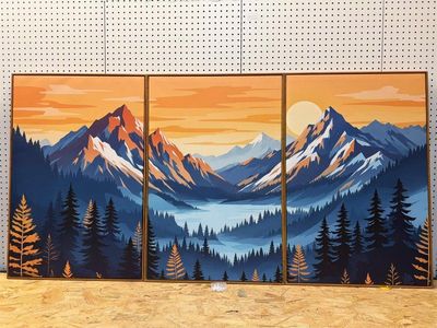 boho Scenic Mountain Landscape Wall Art - 3 Panel Framed Canvas Print with Sunset/Sunrise Design