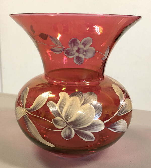 Vintage Pink Red Cranberry Vase with Hand Painted Flowers