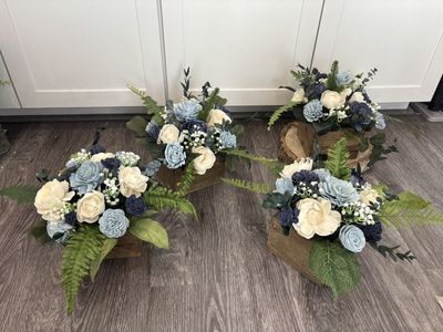 Wooden Floral Centerpieces - Blue & Cream Flower Arrangements in Rustic Wood Boxes