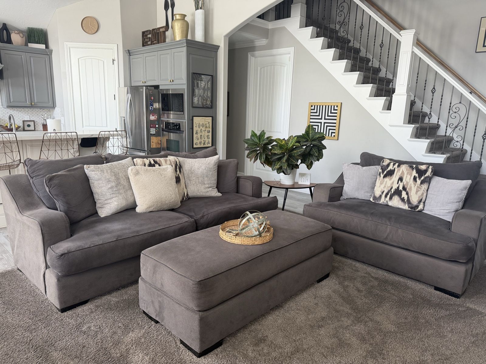 Gray Fabric Sofa, Loveseat & Ottoman Set - Plush Seating for Living Room