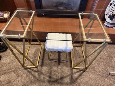 Modern Gold Frame Glass Top Desk & White Woven Vanity Stool Set.