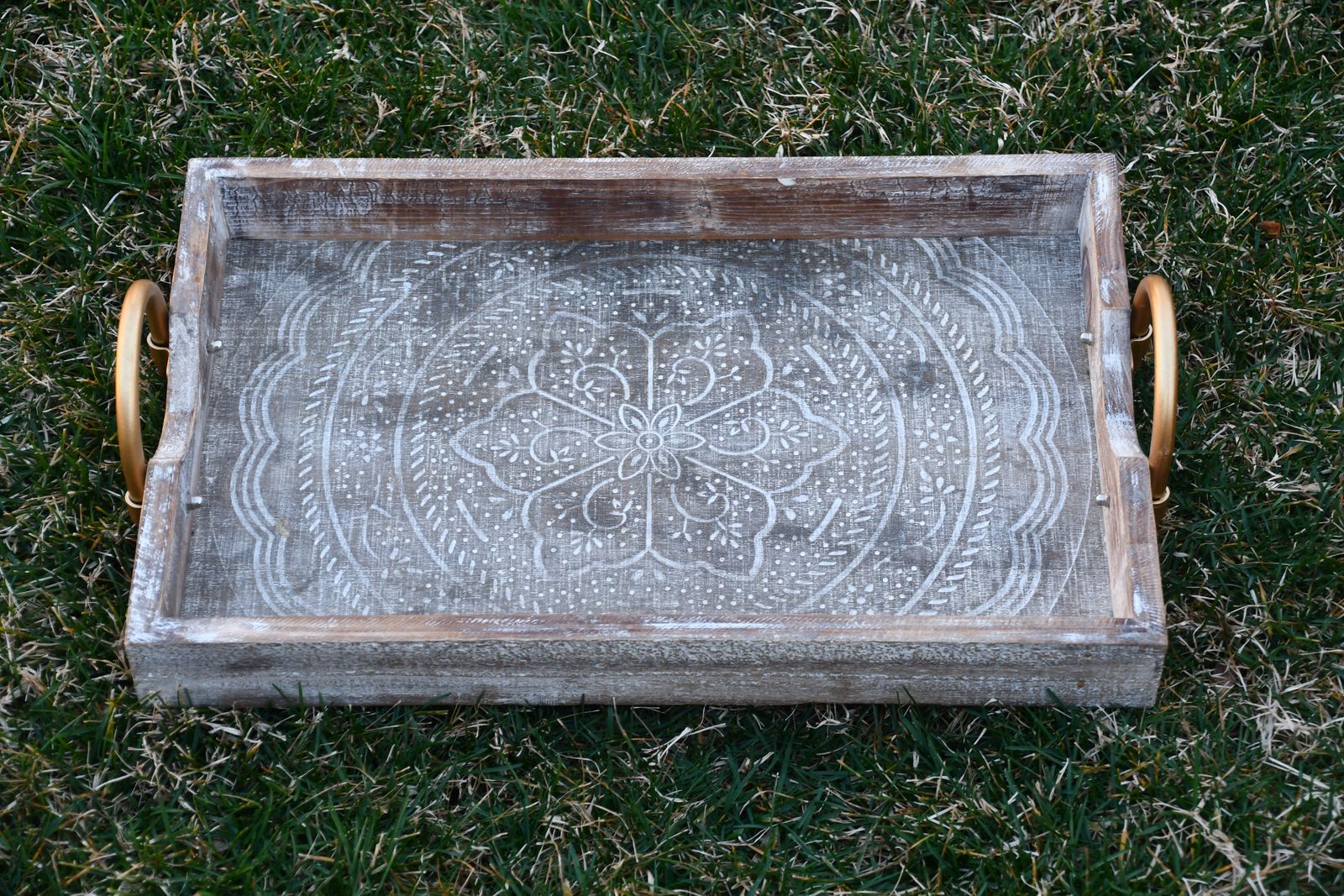 WOOD TRAY with BRASS HANDLES ~ 19" x 12" x 2" ~ PRETTY DESIGN ~ CLEAN!