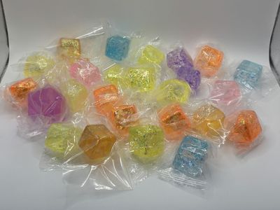 Squishy ice, sugar, glitter cubes, squares