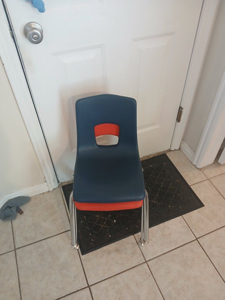 Kids Stackable School Chairs - Blue & Orange Plastic with Chrome Legs (Set of 2)