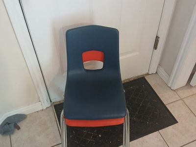 Kids Stackable School Chairs - Blue & Orange Plastic with Chrome Legs (Set of 2)