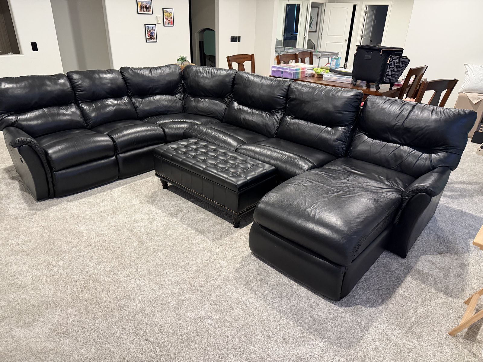 Lazyboy Large Black Leather Reclining Sectional + Storage Ottoman