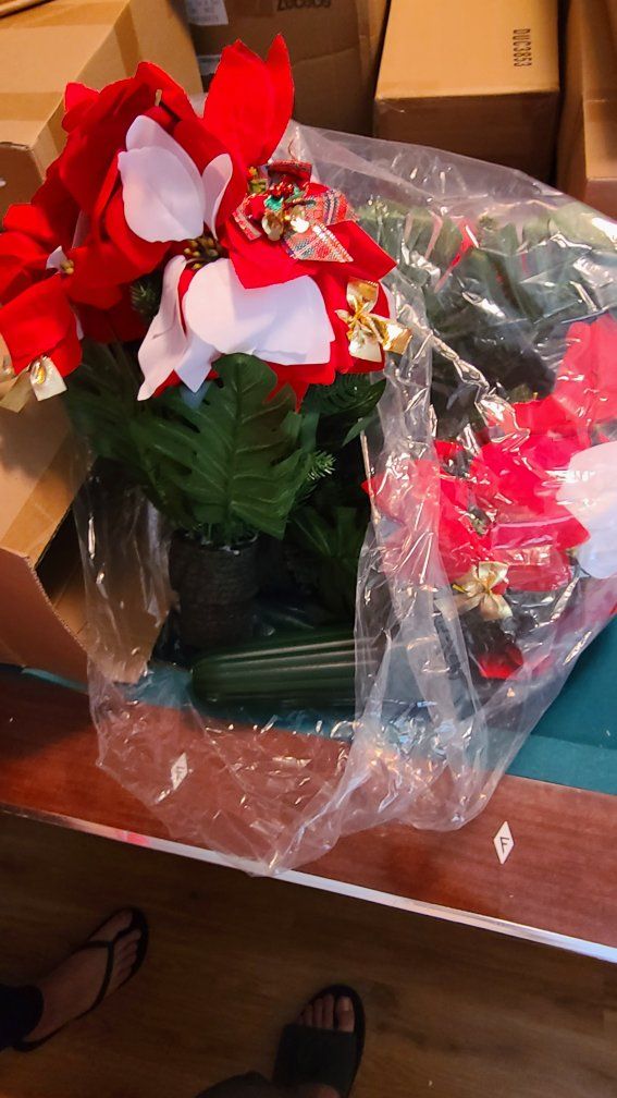 Christmas Poinsettia Arrangement Holiday Decor Red/White Floral with Bells & Bows