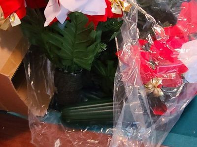 Christmas Poinsettia Arrangement Holiday Decor Red/White Floral with Bells & Bows