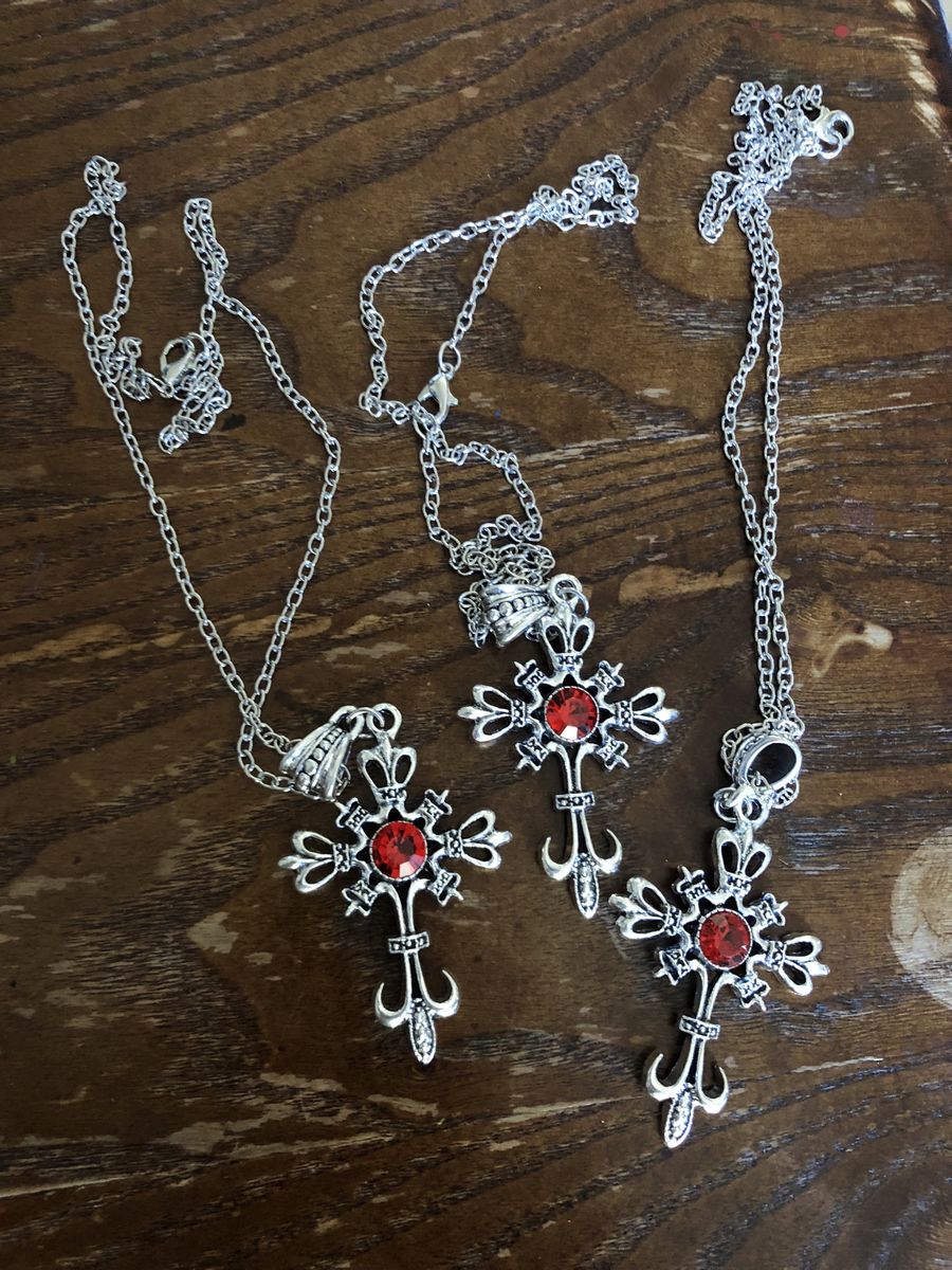 2x Silver Cross Necklaces w/ Red Gem & 1x Rose Gold Leaf Bracelet w/ Rhinestones