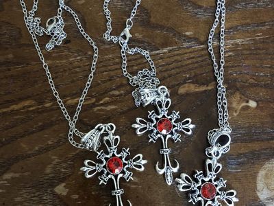 2x Silver Cross Necklaces w/ Red Gem & 1x Rose Gold Leaf Bracelet w/ Rhinestones