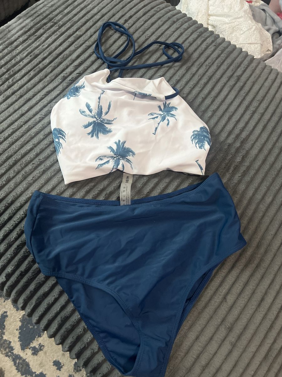 SHEIN Palm Tree Print Halter High Waisted Bikini Swimsuit Blue White L