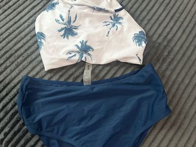 SHEIN Palm Tree Print Halter High Waisted Bikini Swimsuit Blue White L