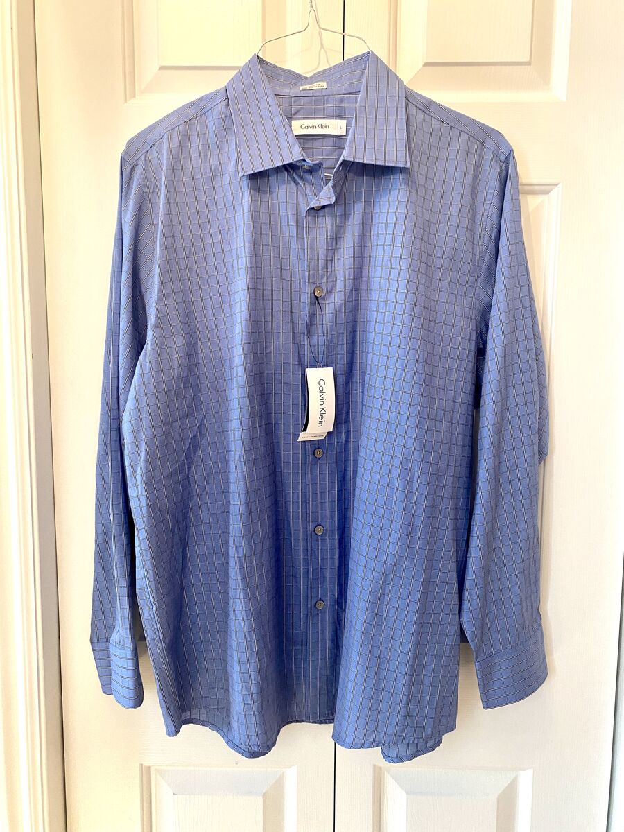 NEW - Classic Calvin Klein Lt Blue w/ Black and White Accent Checks - Mens SZ L Button Down Dress Shirt -C PICS