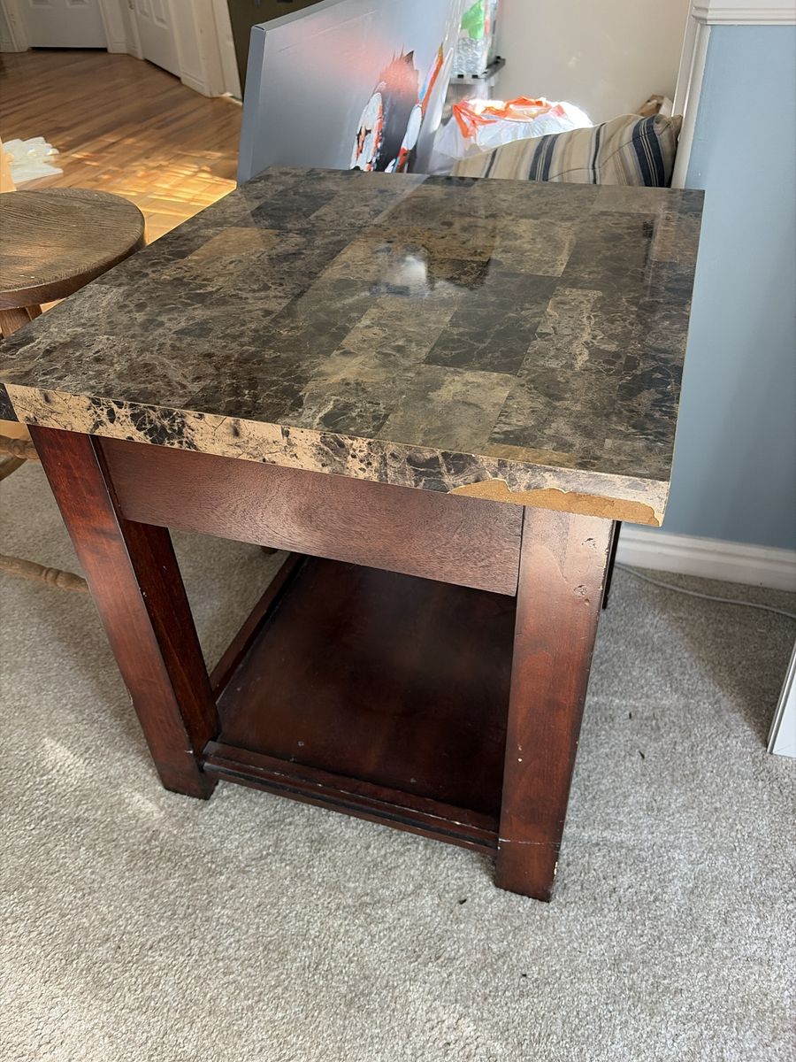 Faux Marble Top End Table with Bottom Shelf