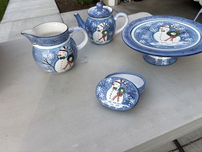 Hand-Painted Snowman Ceramic Holiday Serving Set - Cake Stand, Pitcher, Teapot, Trinket Box