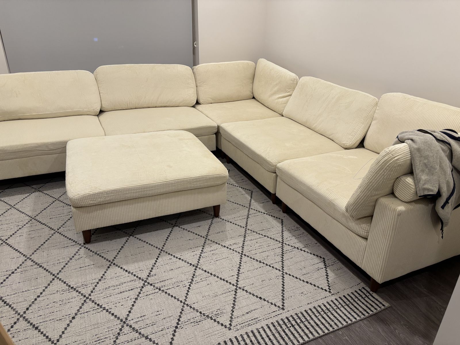 White Corduroy Modular Sectional Sofa with Ottoman