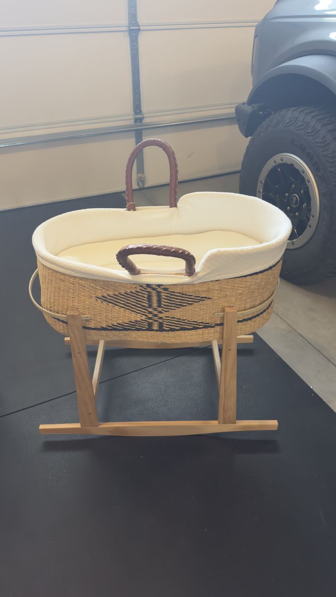 Woven Moses Basket with Wooden Rocking Stand and White Liner