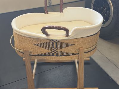 Woven Moses Basket with Wooden Rocking Stand and White Liner