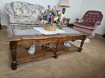 Vintage Oak Coffee Table with Glass Top and Carved Details - Two Tier Storage