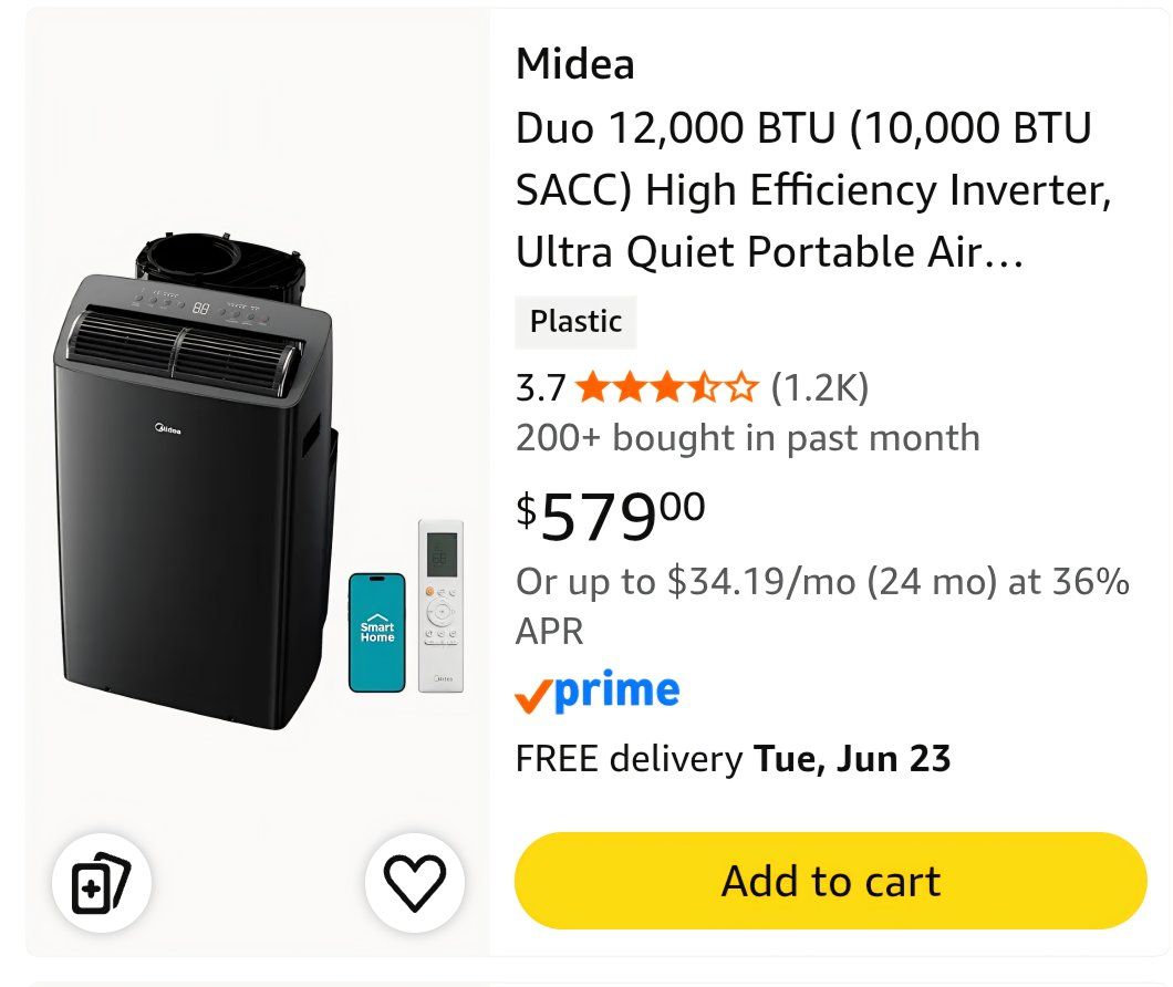 Midea Duo 12,000 BTU (10,000 SACC) High Efficiency Inverter Ultra Quiet Portable Air Conditioner