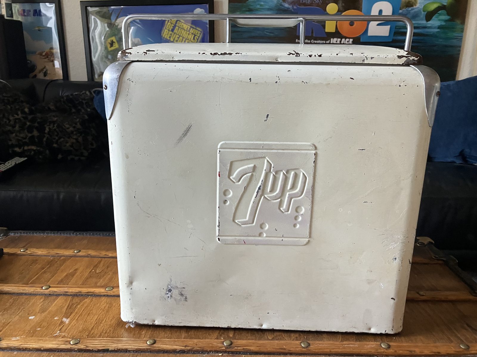 Vintage 7UP Picnic Cooler, Embossed Logo Metal Ice Chest, Antique Soda Advertising Decor