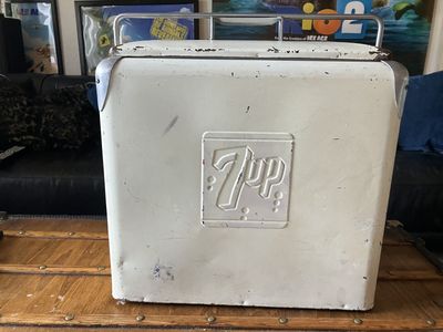Vintage 7UP Picnic Cooler, Embossed Logo Metal Ice Chest, Antique Soda Advertising Decor