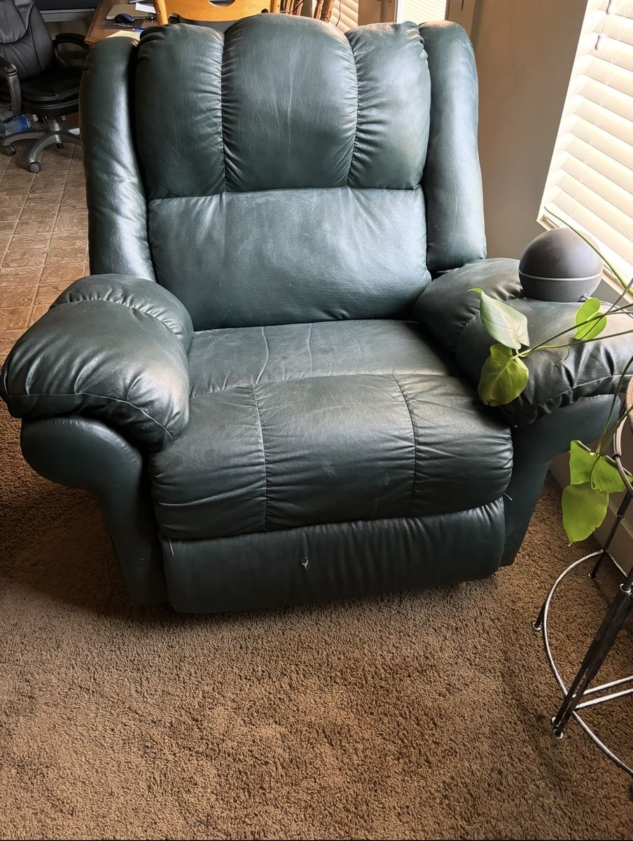 Dark Green large over stuffed Leather rocker recliner
