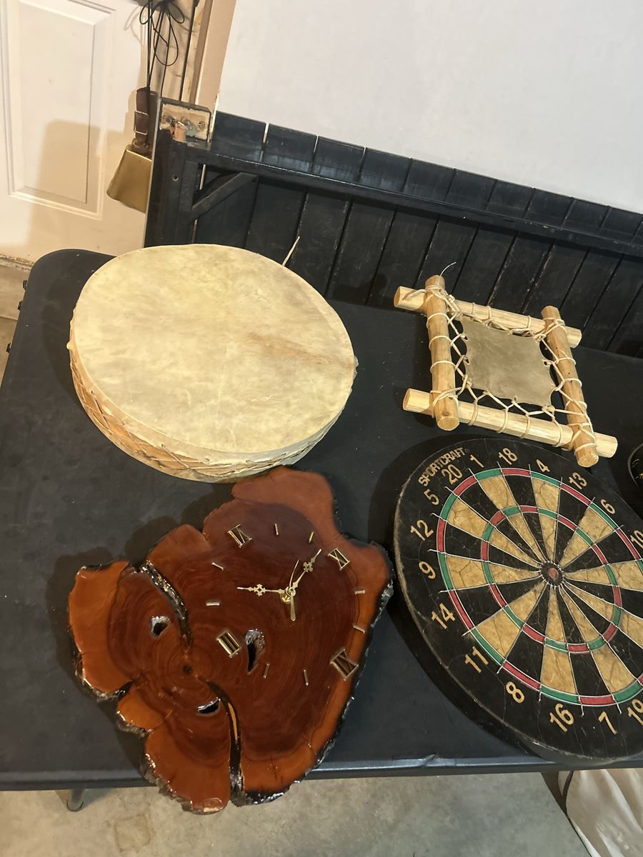 Dart Board, Wooden Clock & Decorative Drums Lot –