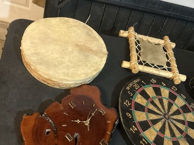 Dart Board, Wooden Clock & Decorative Drums Lot –