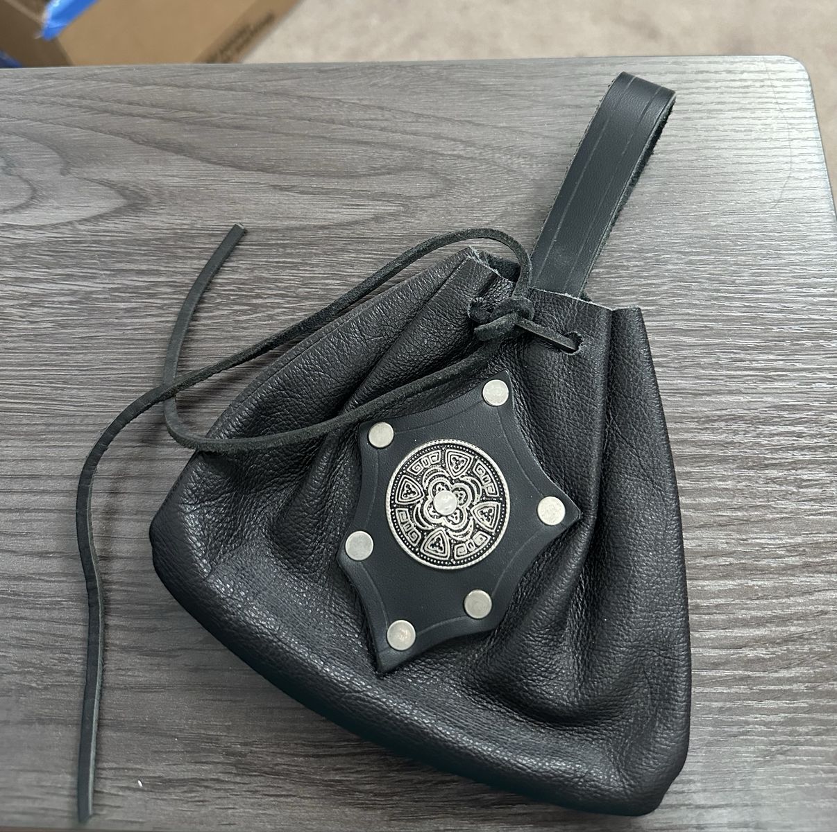 Handmade Black Leather Drawstring Pouch with Celtic Knot Concho