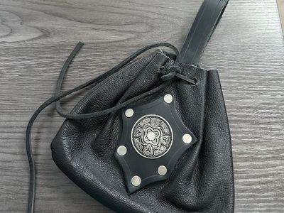 Handmade Black Leather Drawstring Pouch with Celtic Knot Concho