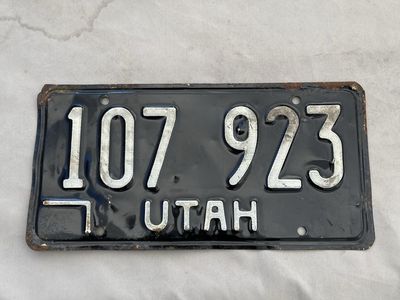 Vintage Utah License Plate - Black & White 107 923 - Collectible Auto Memorabilia