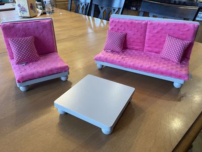 Wood Doll Furniture Set Pink Minky Sofa, Chair, & Coffee Table for 18-inch Dolls (e.g., American Girl, Our Generation, etc)