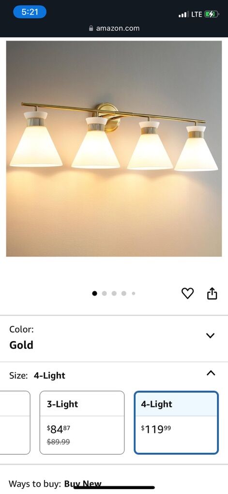 4 Bulb Brass Gold Vanity Bathroom Lightd, New