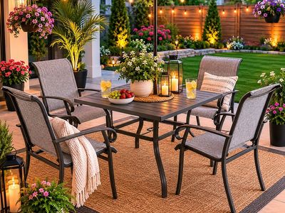 Square Metal Patio Dining Table with Umbrella Hole & 4 Chairs