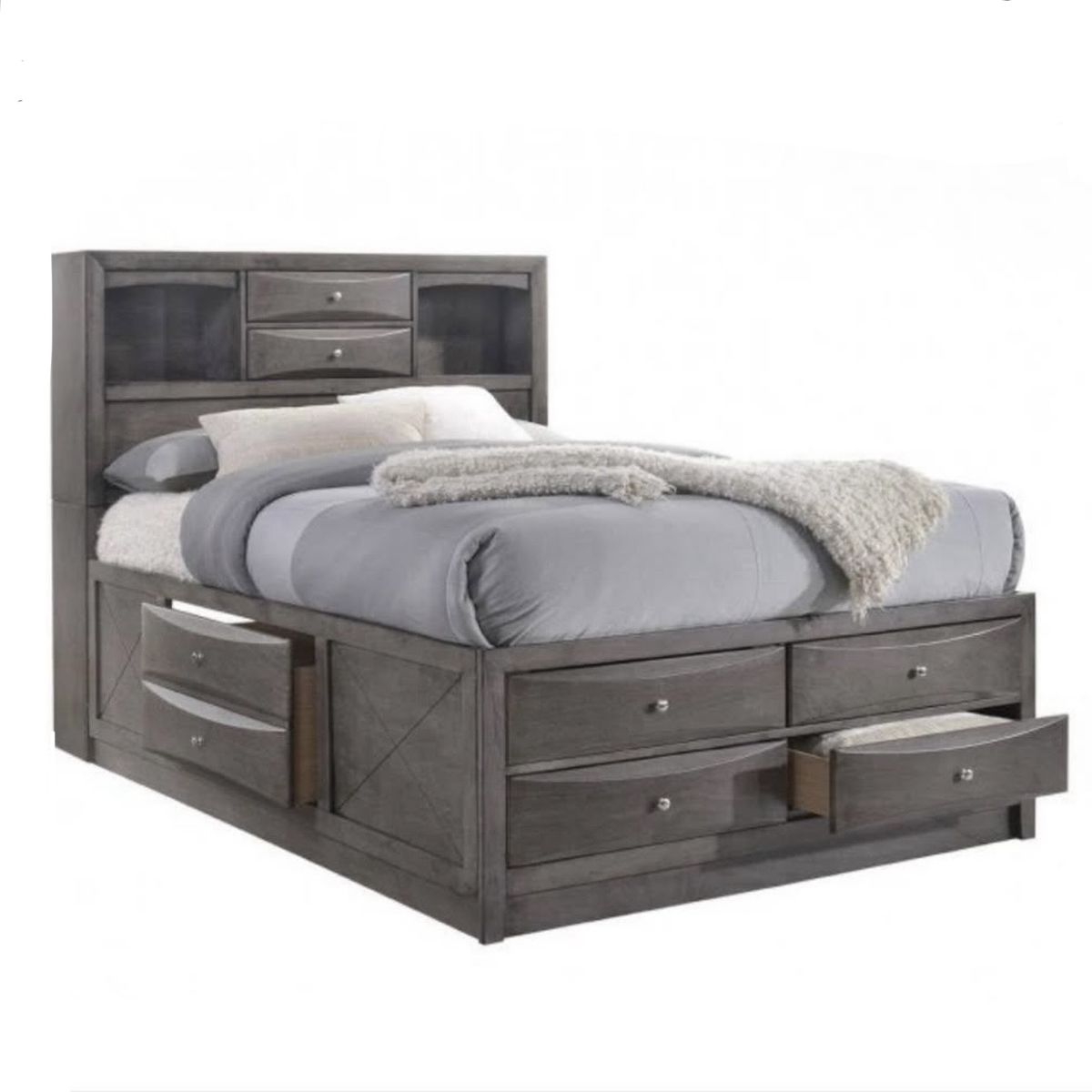 FULL-Size Storage Bed w/ Bookcase Headboard NEW in Box! – Gray – Modern & Functional!