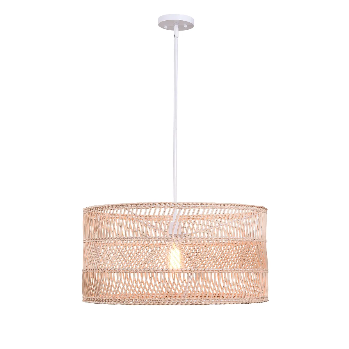 Kenroy Home Butler 1-Light Pendant Lamp Chandelier 24" Round Natural Rattan Shade With White Frame